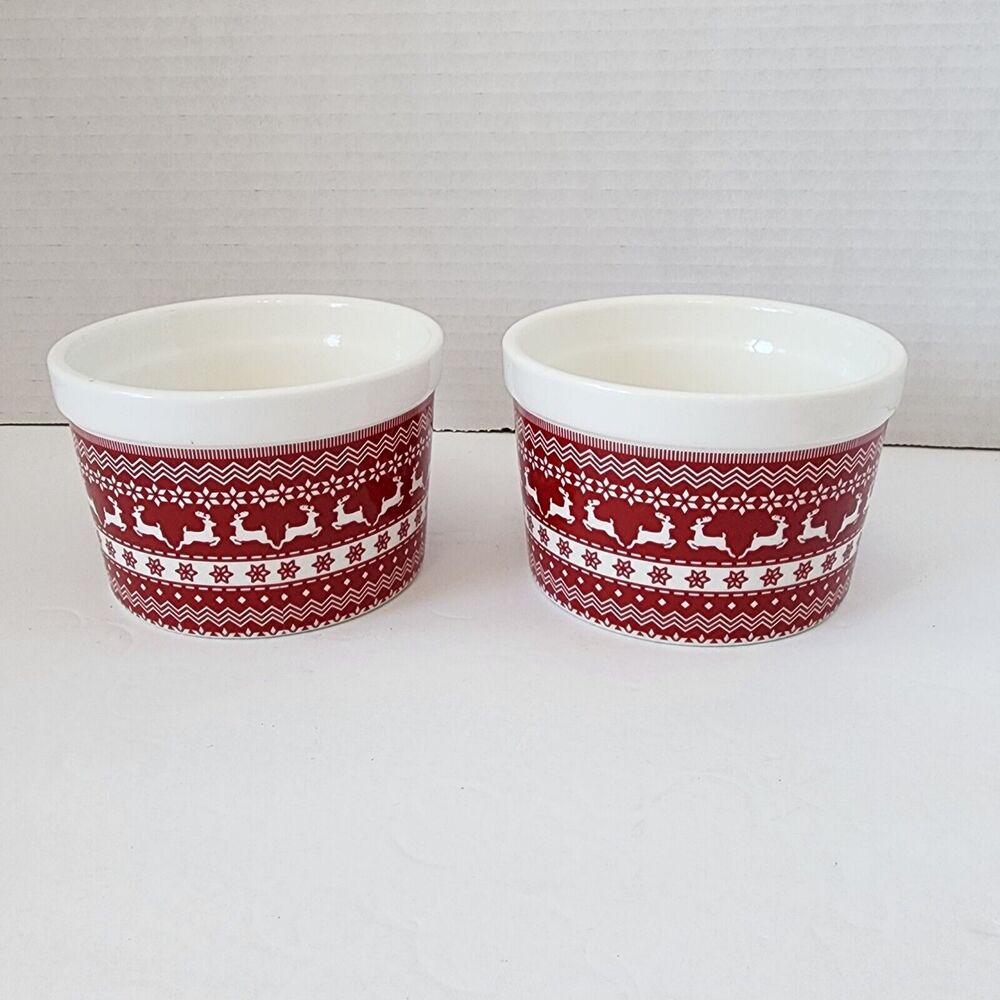 Ciroa Celebrate 2 Porcelain Christmas Ramekins Bowls Red Reindeer Snowflake